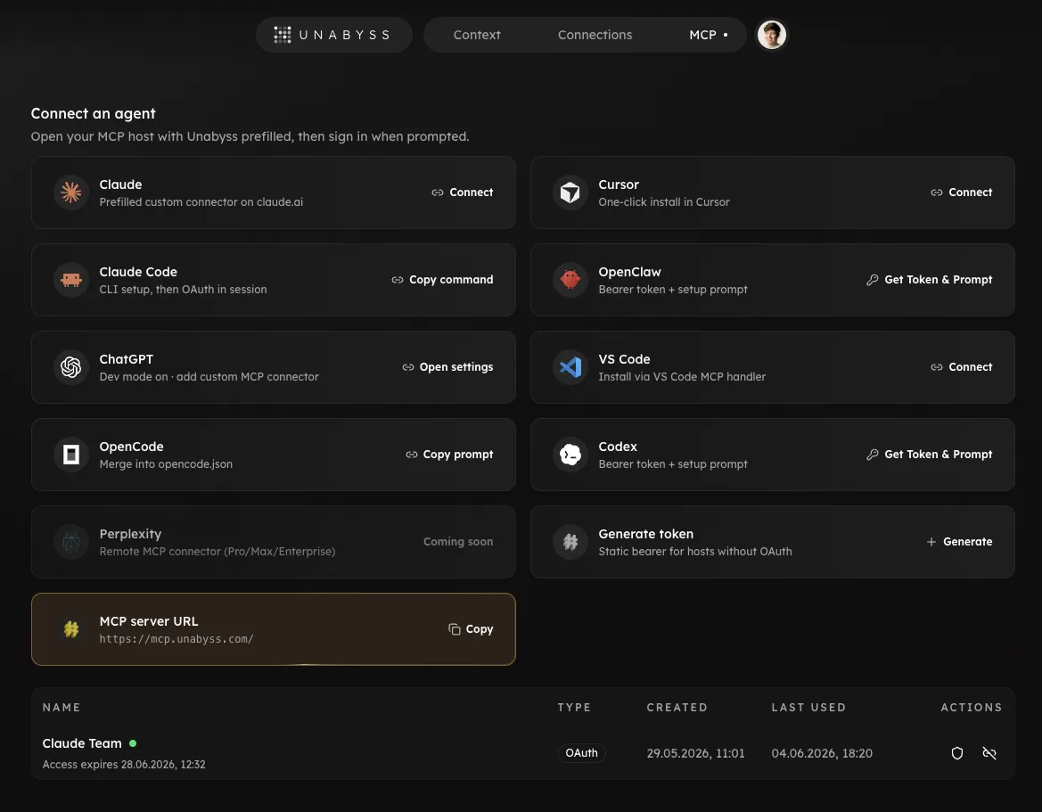 Unabyss MCP page with one-click Connect cards for Cursor, Claude, VS Code, and other agents